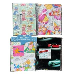 Vintage Kids Cartoon Teddy Bears Bunny Cars Gift Wrap Wrapping Paper 80s